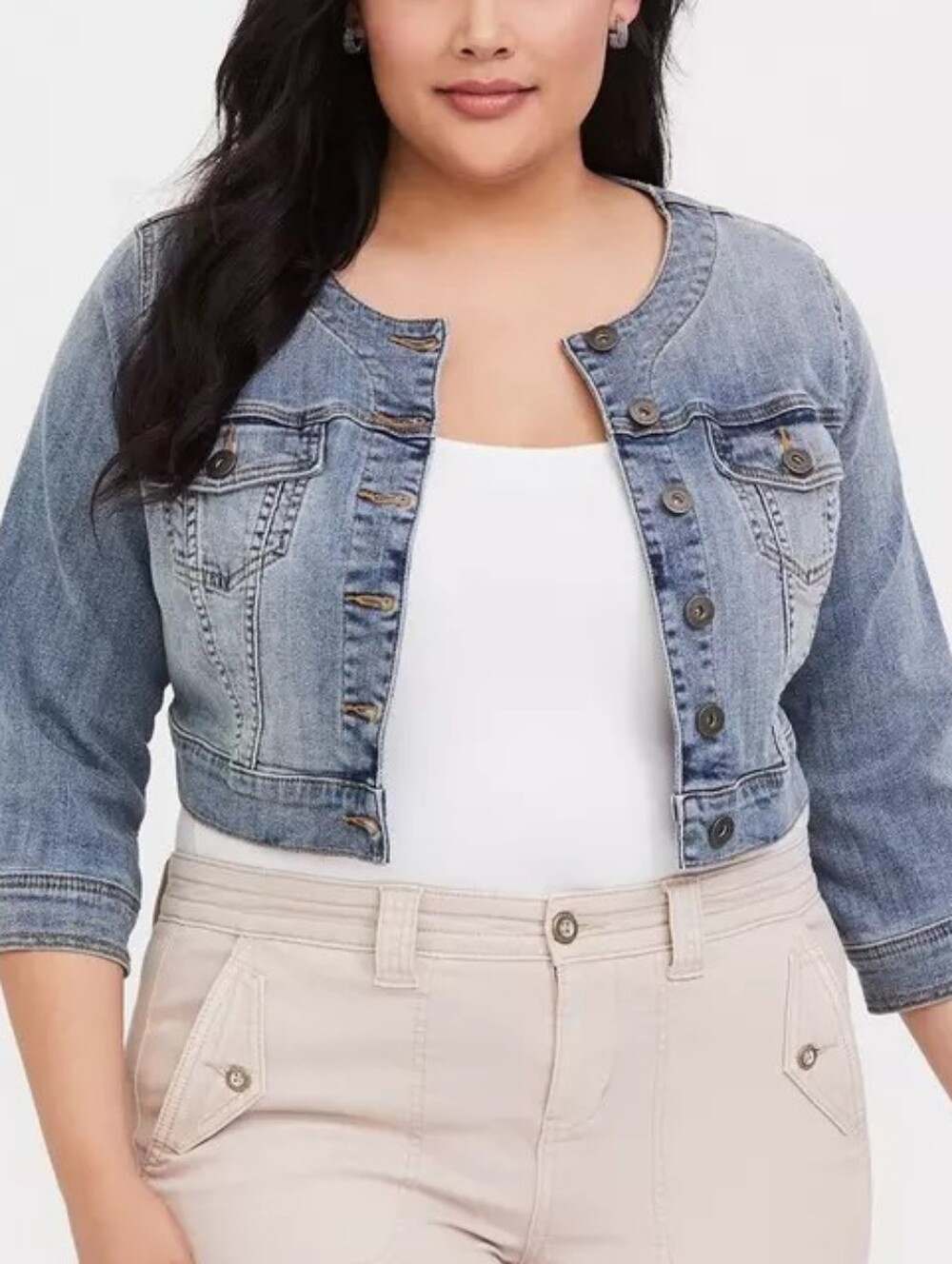 Torrid Denim Cropped Jean Jacket Size 1 Stretch 3/4 Sleeve Medium Wash